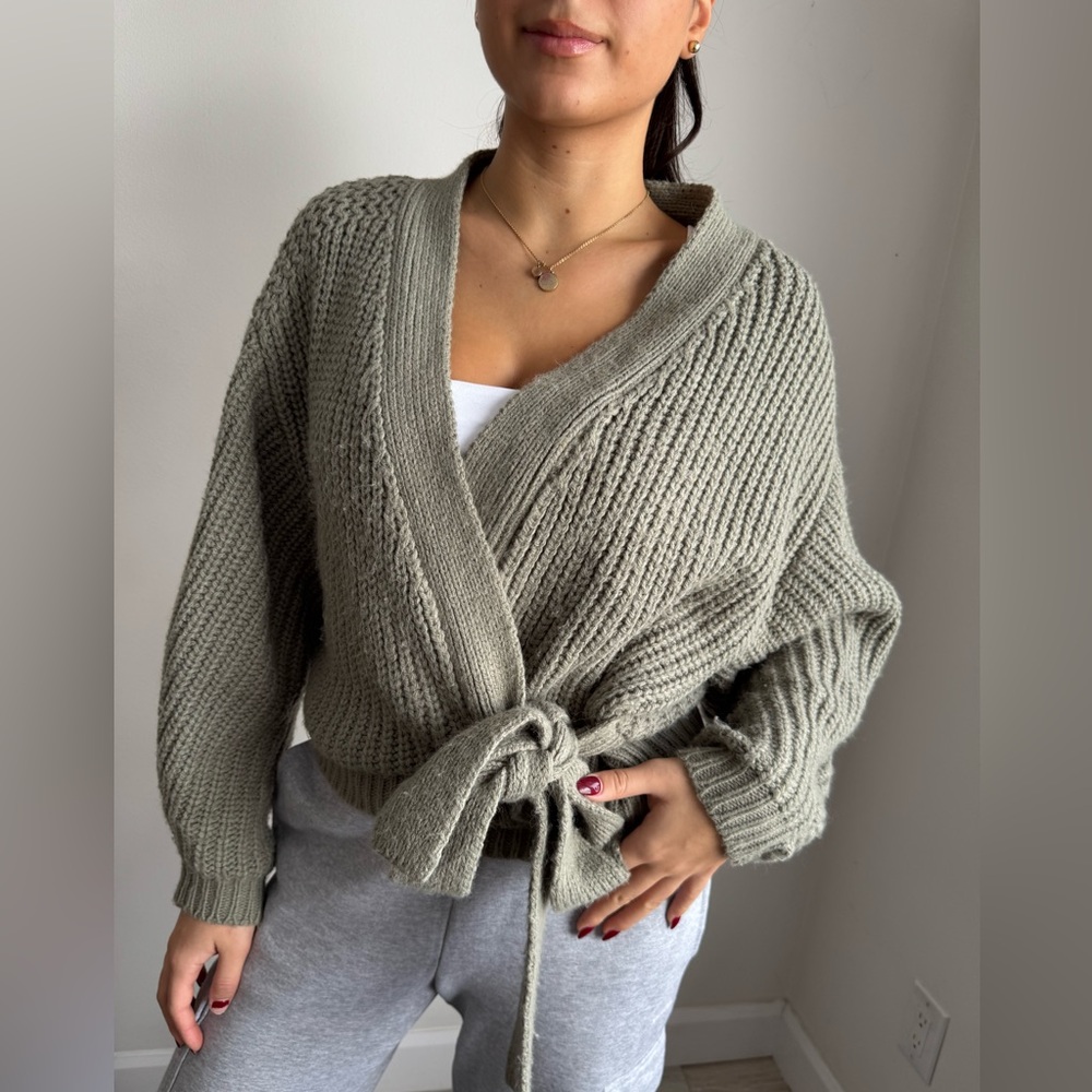 Chunky Wrap Tie-Knot Sweater Cardigan - Sage Green